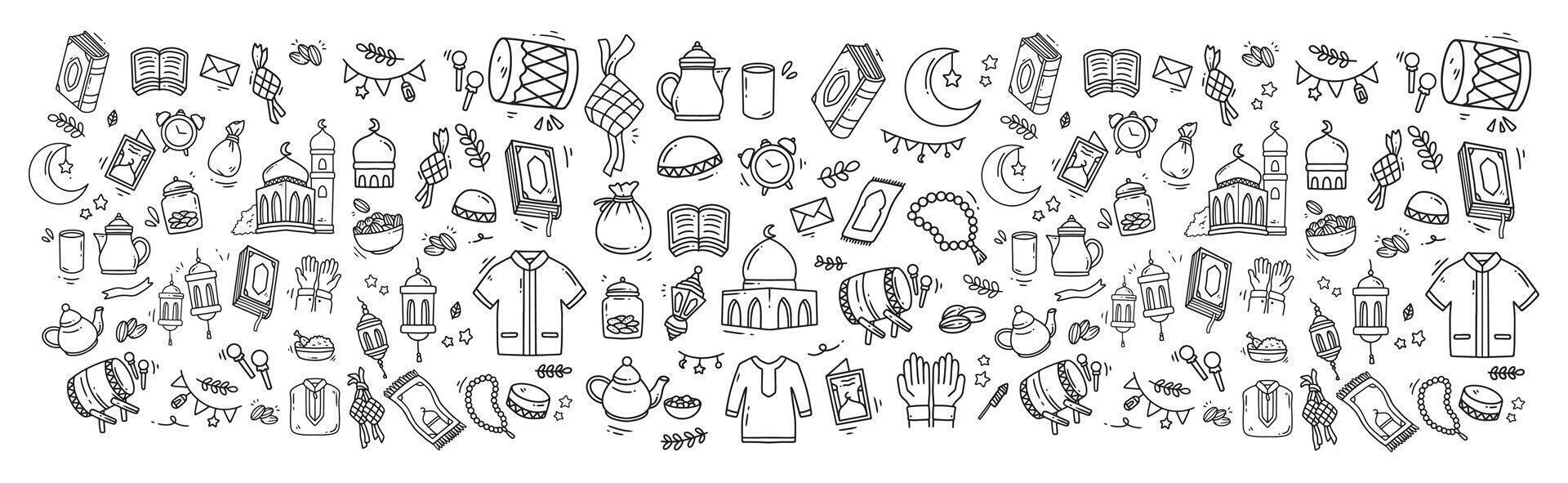 Doodle illustration related to Eid Mubarak and Ramadan. Set of hand drawn symbols and icons for holy Muslim festival Eid ul-Fitr vector