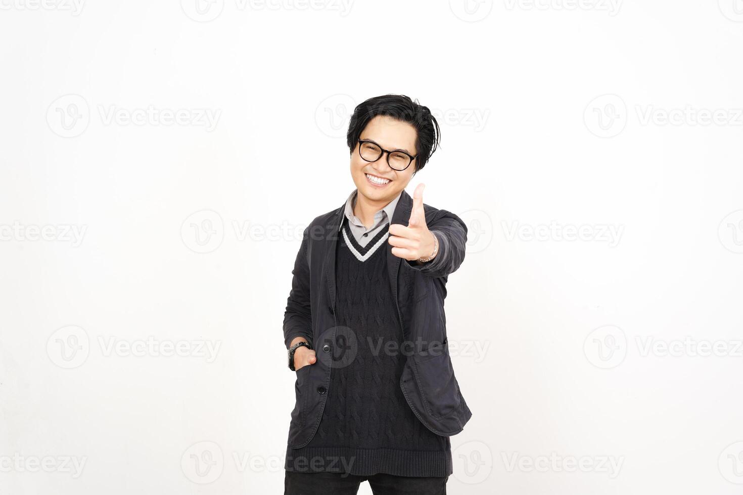 A man in a sweater and glasses giving the thumbs up photo