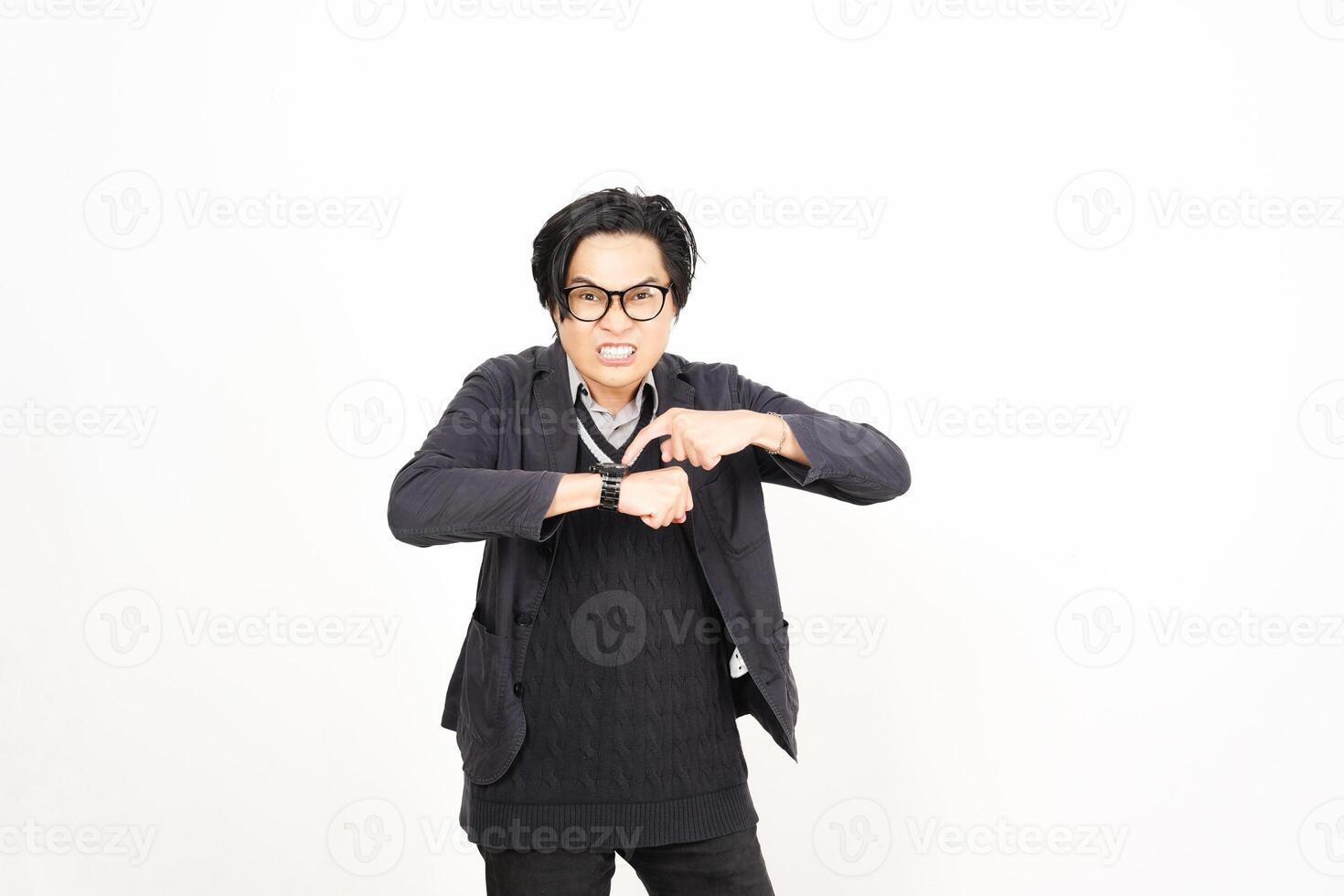 A man in glasses and a sweater is making a gesture photo