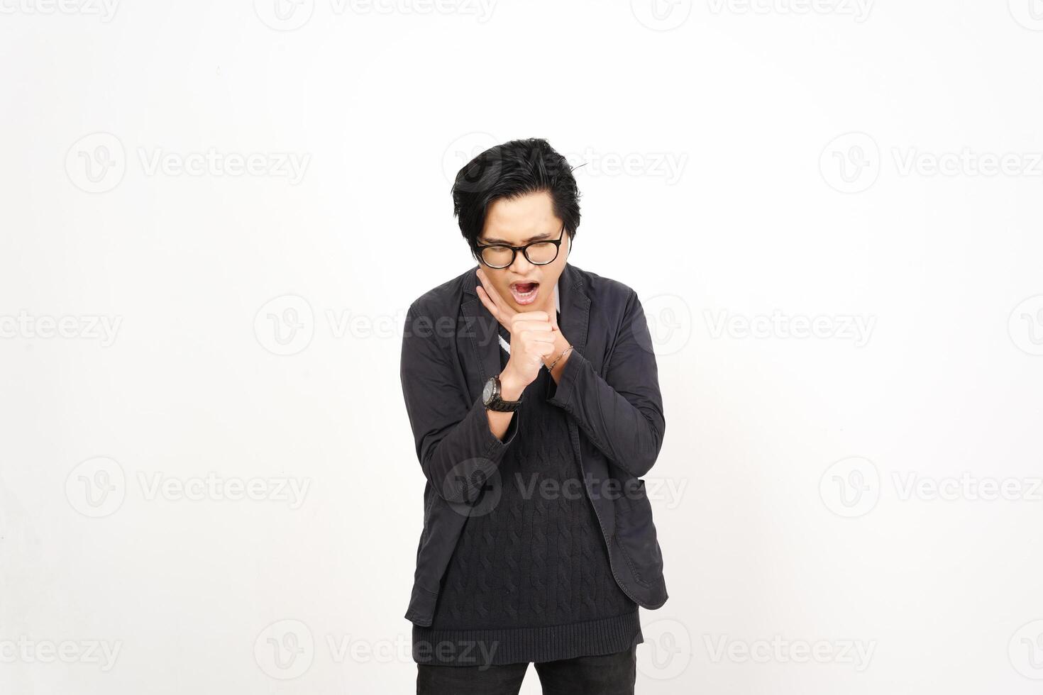 A man with glasses and a black shirt is standing in front of a white background photo
