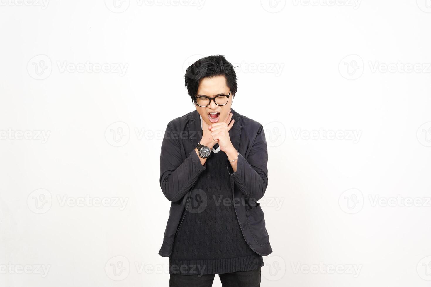 A man with glasses and a black sweater standing in front of a white background photo