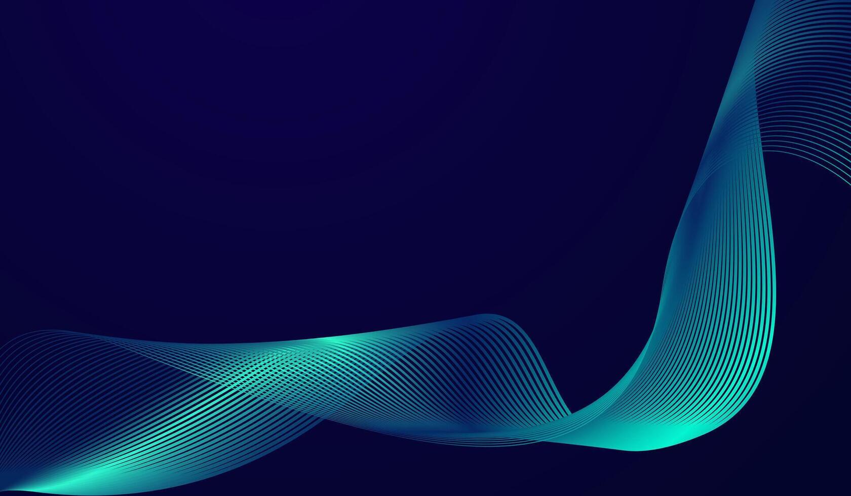 A futuristic abstract background featuring smooth, flowing wave-like lines in shades of blue and green. The dark gradient background enhances the glowing effect of the curves vector