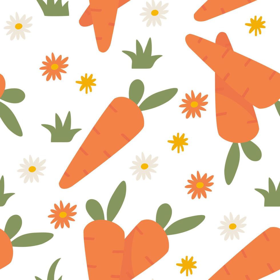 A seamless pattern featuring bright orange carrots and delicate flowers on a soft background. Perfect for Easter, kids' prints, textiles, and farm-themed designs. vector