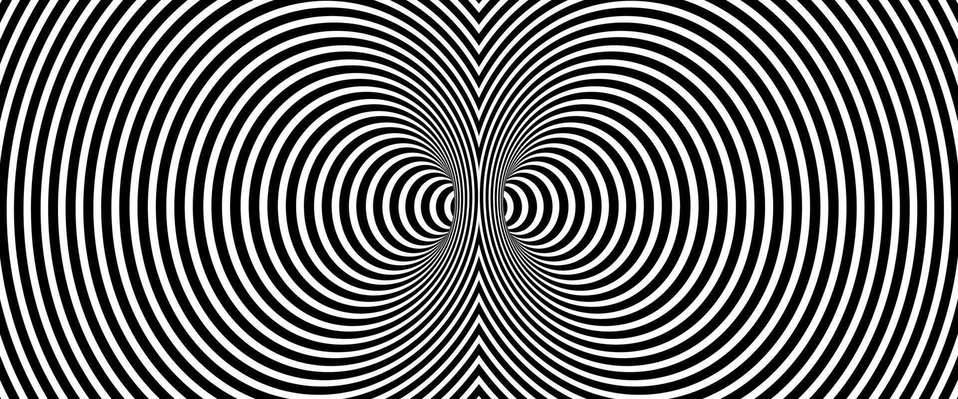 Op Art Abstract hypnotic distorted lines background. Black and white tunnel wallpaper. Psychedelic twisted stripes pattern. Horizontal template for posters, banners, cover. optical illusion vector