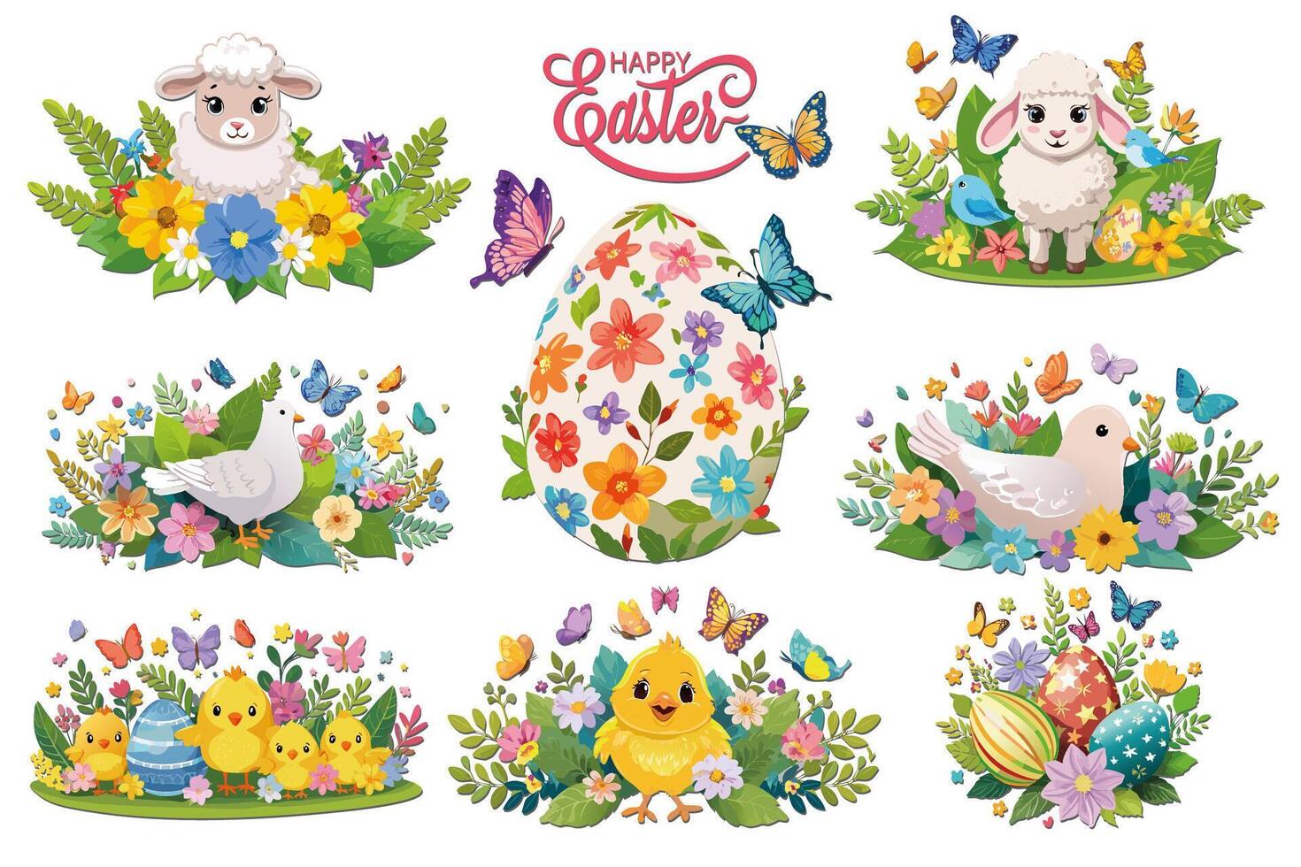 Happy Easter colorful Clipart, set Cute yellow chicks, white lambs and dove with decoration of Egg, flowers spring, butterflies, illustration isolated on white background vector