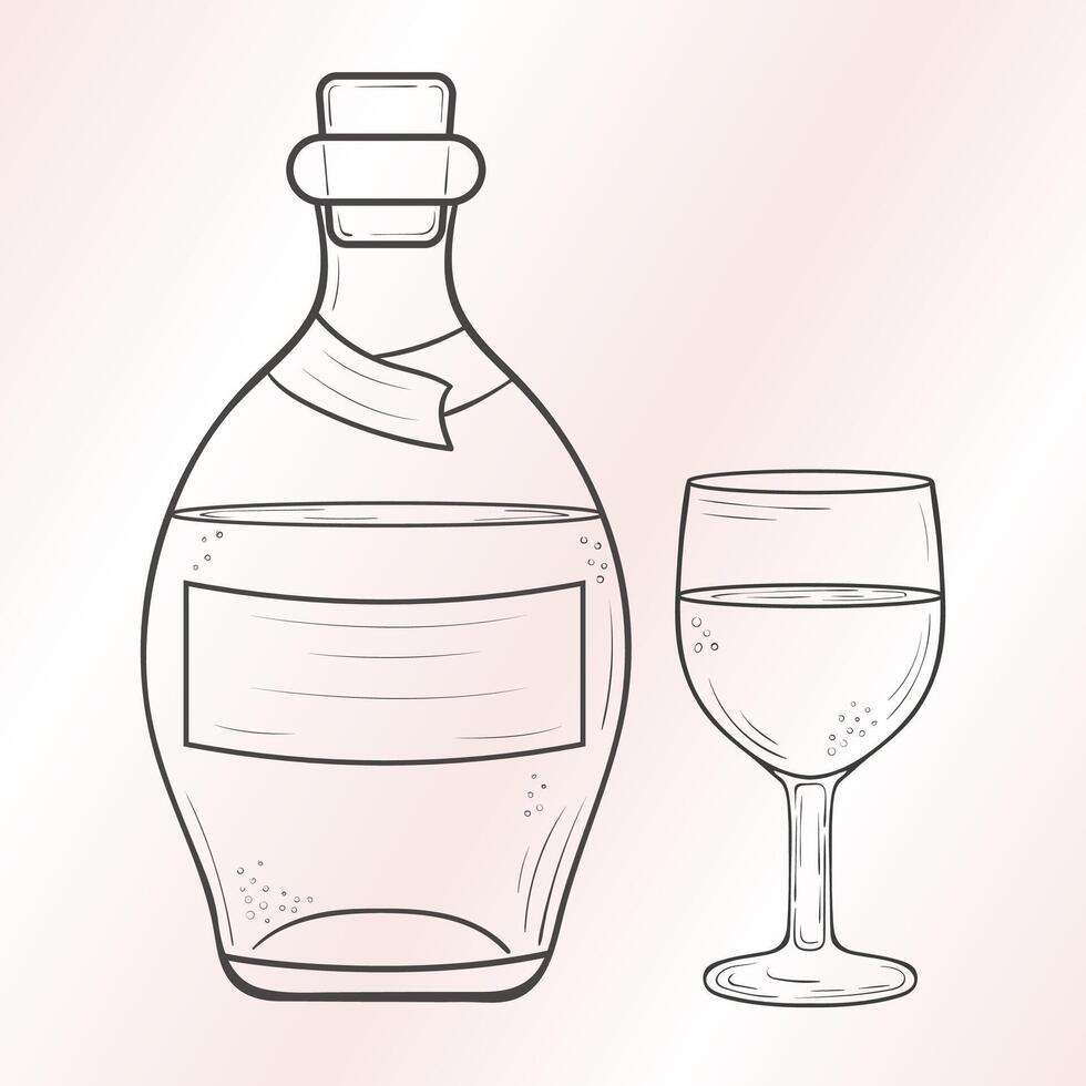 Ink outline illustration of a bottle and wine glass. A corcked bottle of liqoure and half full glass on a delicate stem. Simple minimalistic clipart of drinking glass. vector