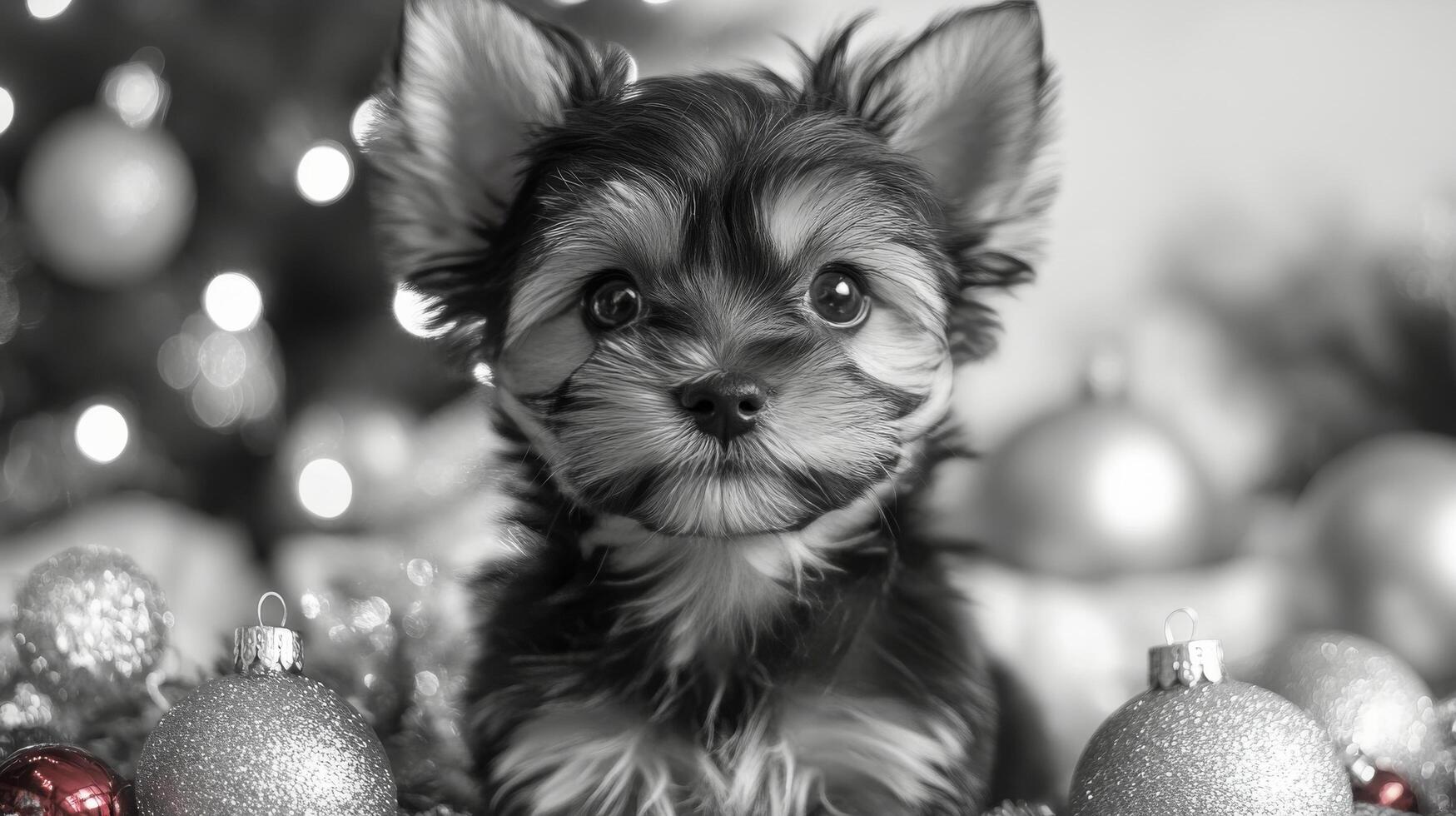 A black and white photo of a yorkie puppy