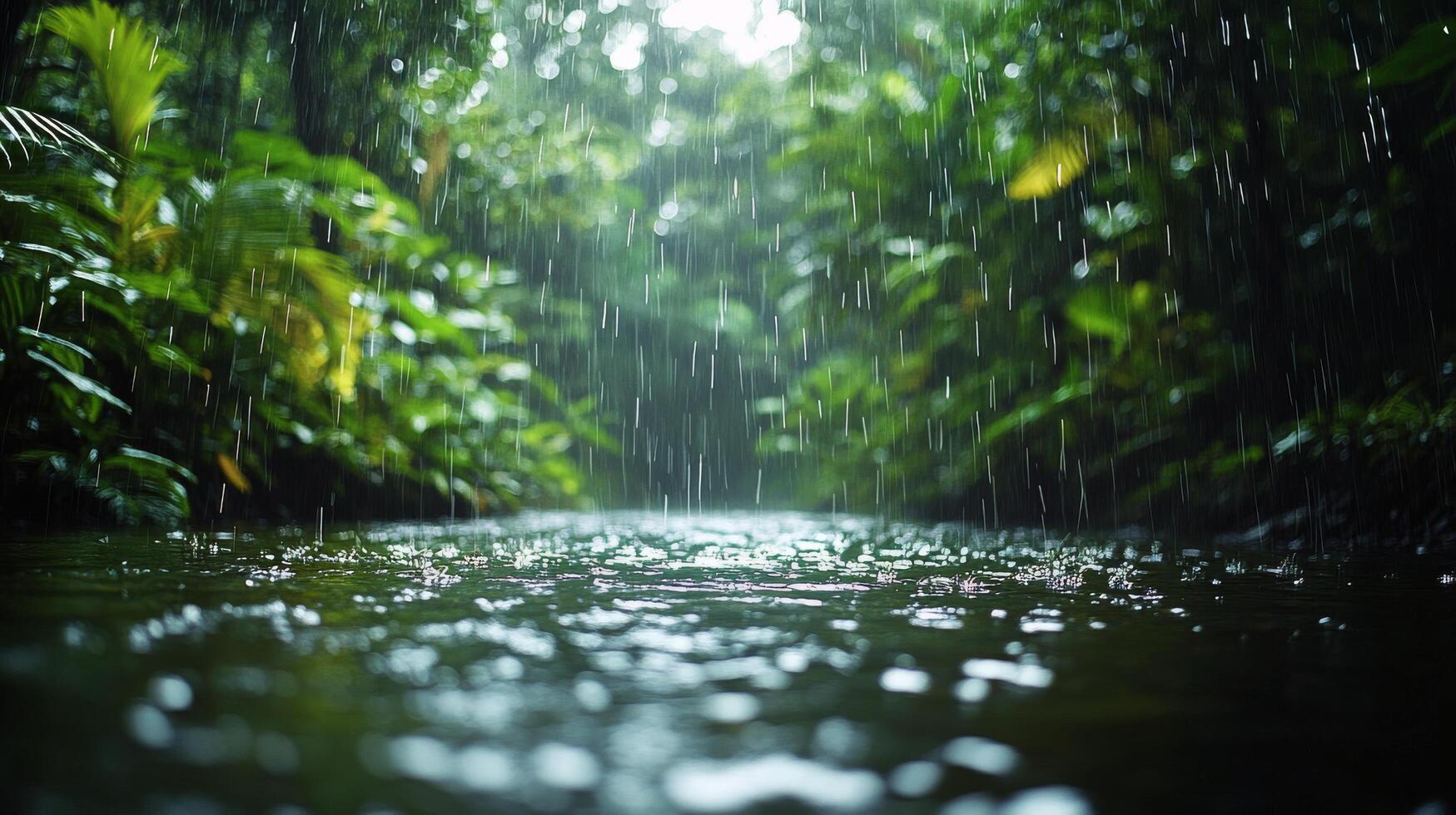 Rain falling on a river in the jungle photo