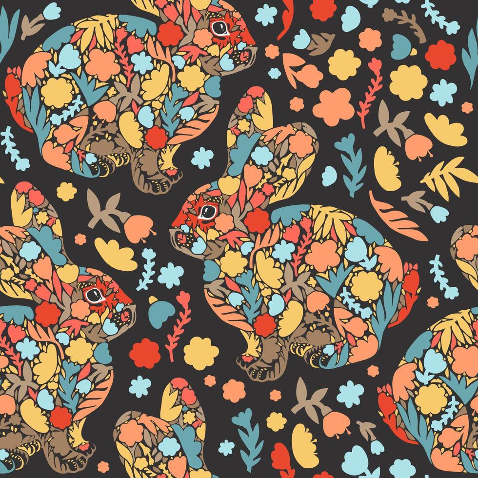 Seamless pattern of rabbits and flowers. flat illustration. vector