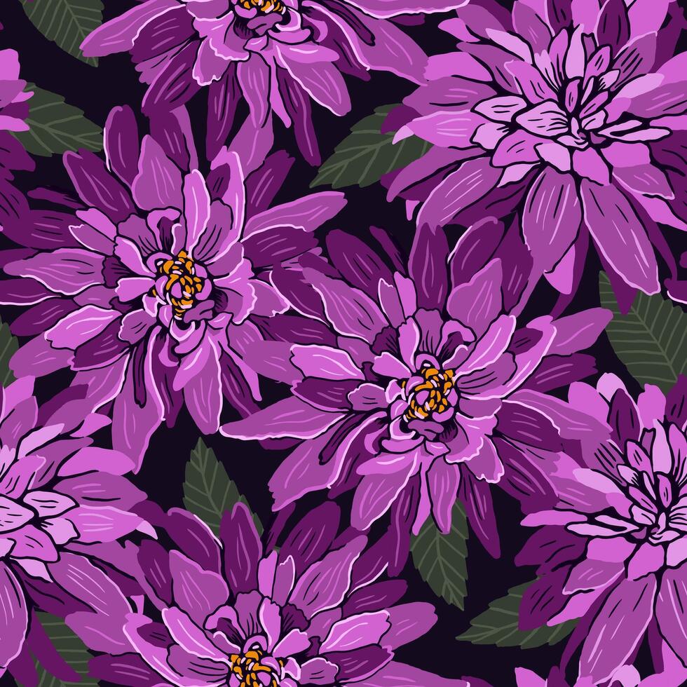 Seamless pattern dahlia flowers on a dark background. hand drawn illustration. For fabrics, wallpaper, wrapping paper, bed linen. vector