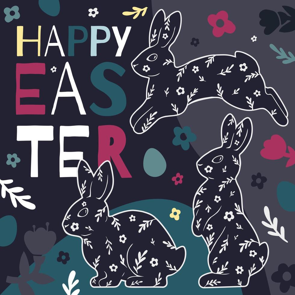 Happy Easter square card with rabbits, eggs, flowers, and text. bright modern illustration. vector