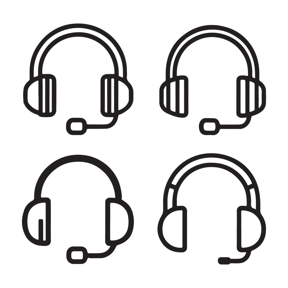 Different Headset Designs Outlined Black Style Headphones With Microphone Simple icons Set vector