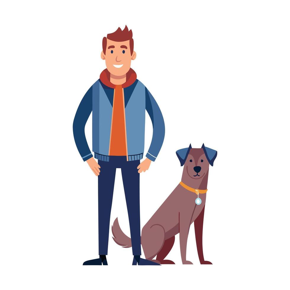 a flat illustration of men standing with their dog wearing a blue jacket vector