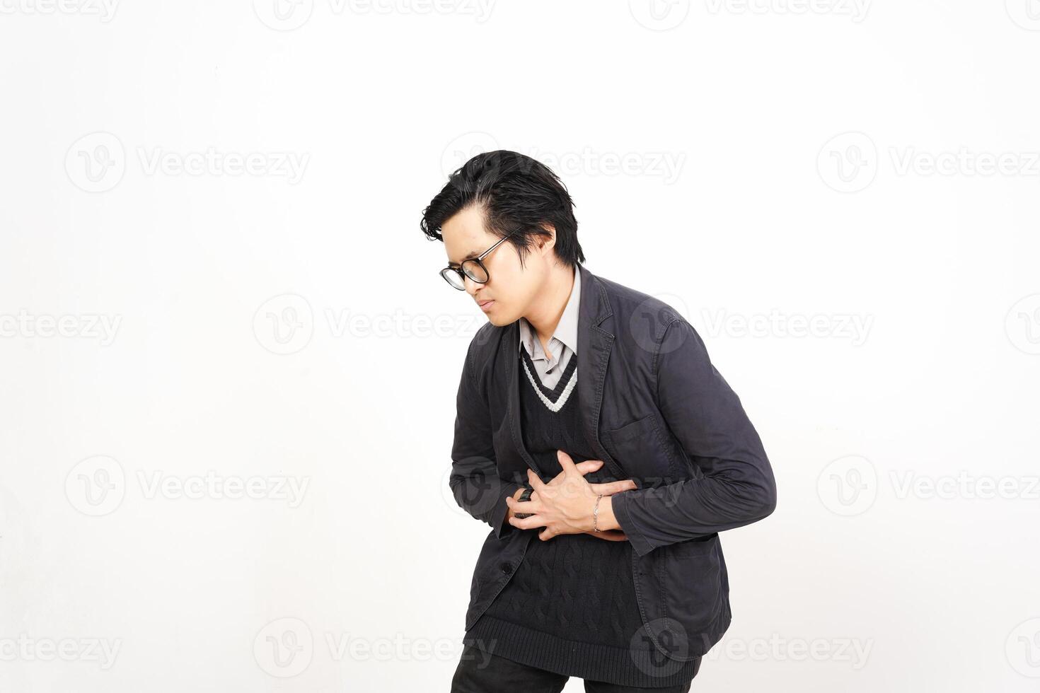 A man with a stomachache on a white background photo