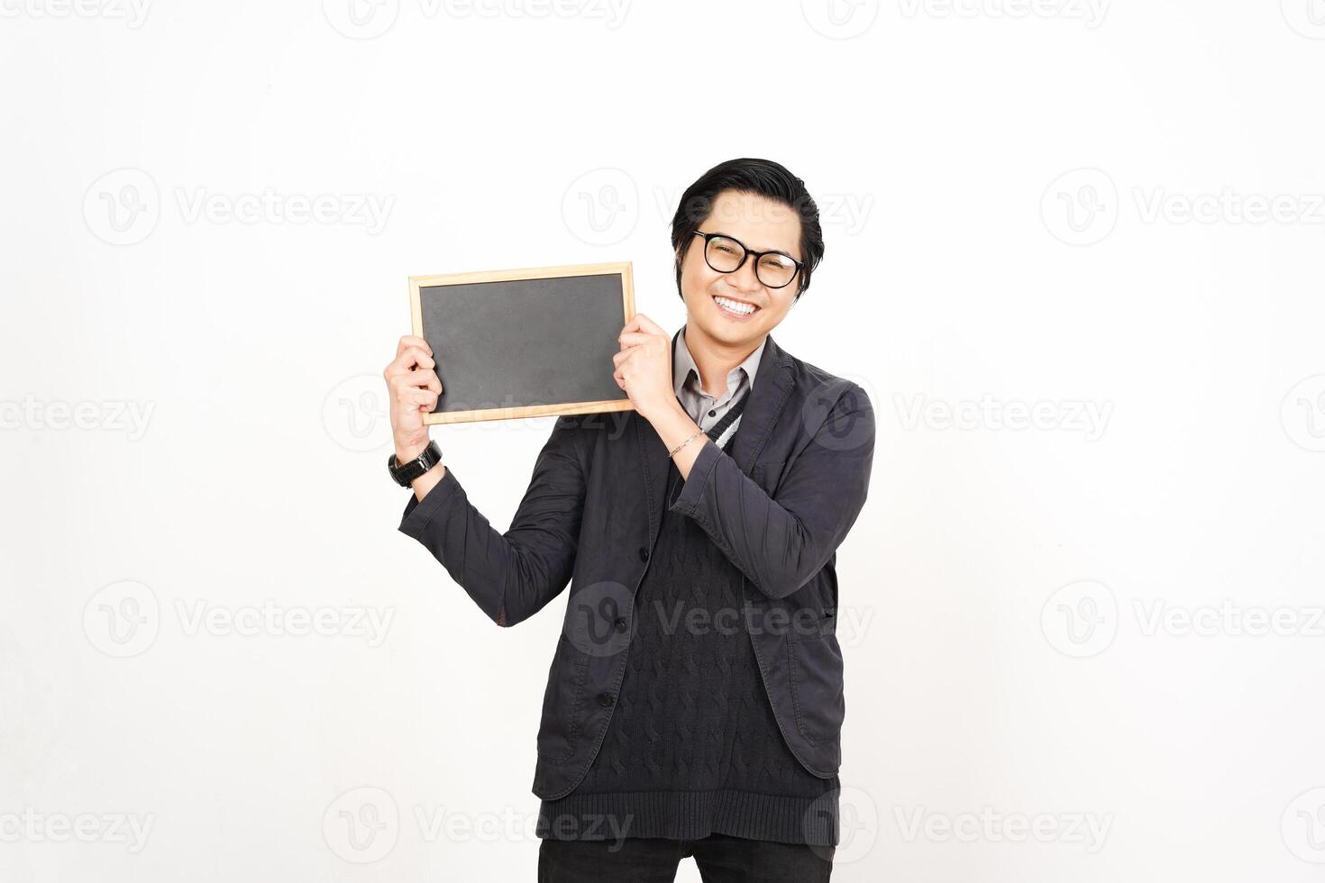 Asian man holding a blackboard and smiling photo