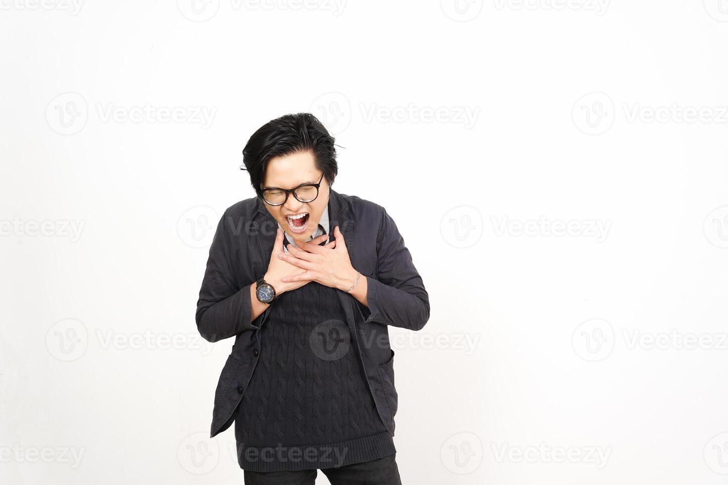 A man with glasses and a sweater is making a face photo