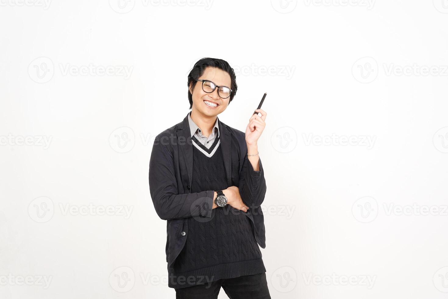 A man in glasses and a sweater is holding a pencil photo