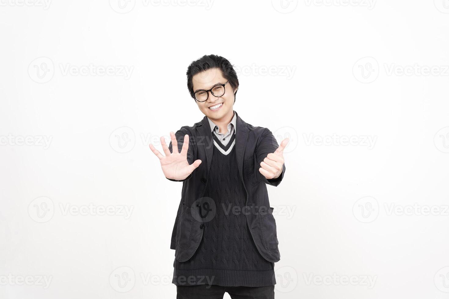 A man in glasses and a sweater is making a gesture photo