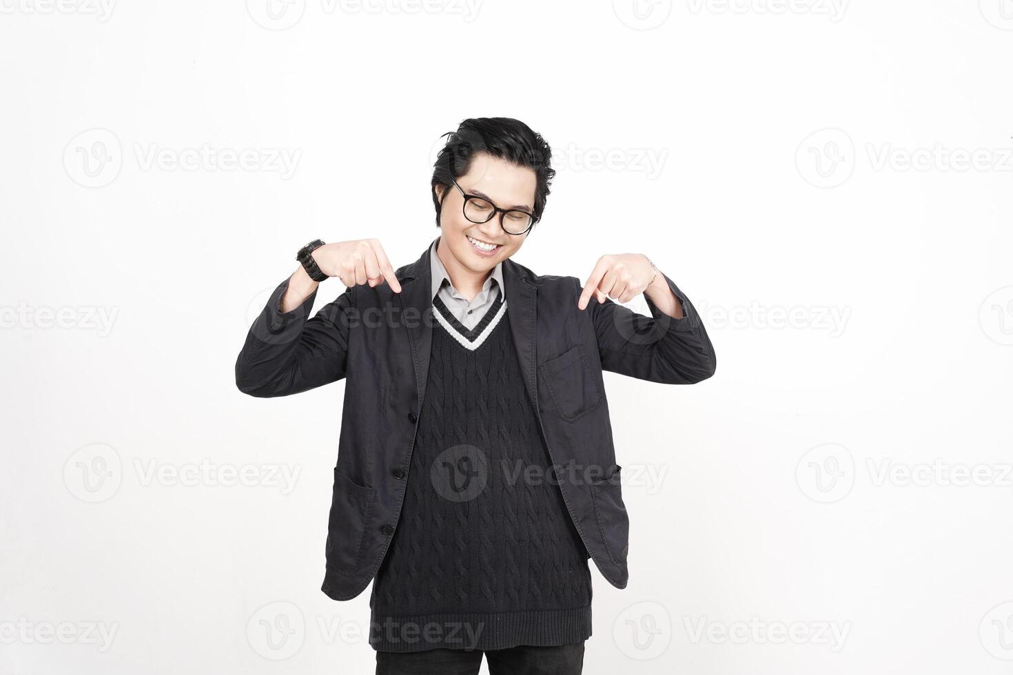 A man in glasses and a sweater is making a gesture photo