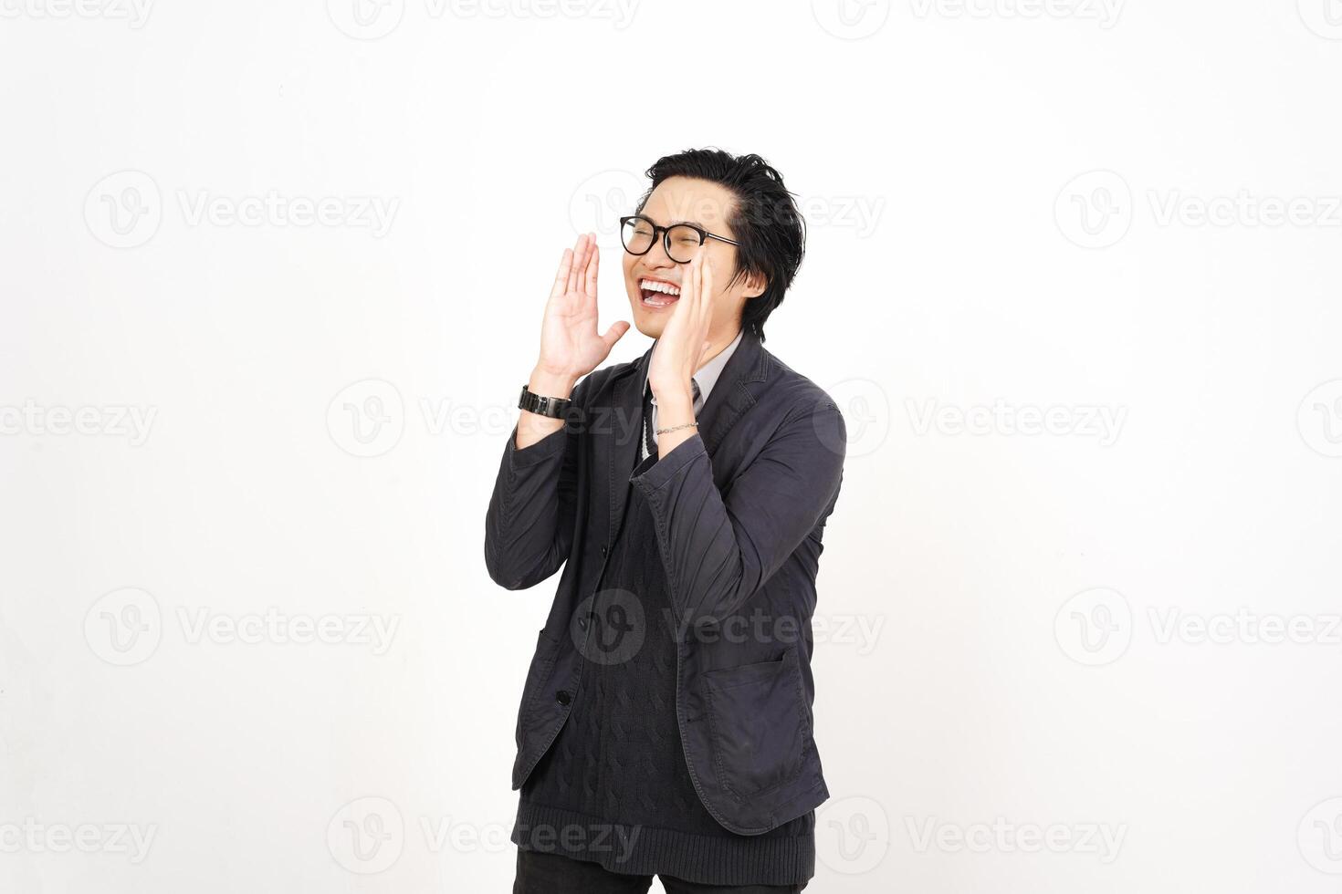 A man with glasses and a black jacket is making a face photo