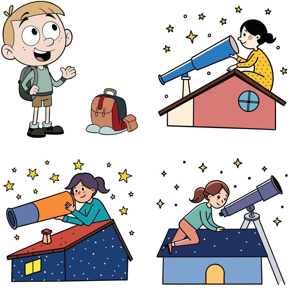 Four cartoon images of children looking through telescopes vector