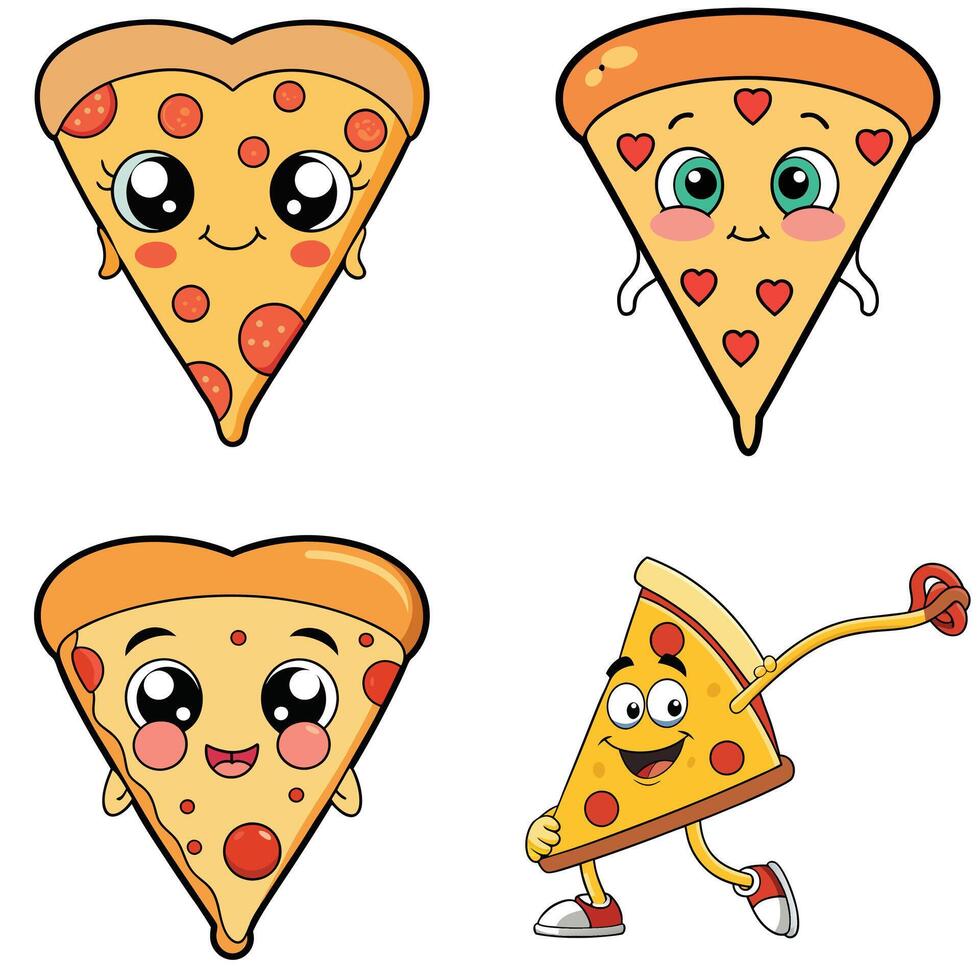 Love and heart cute cartoon pizza slice express pure love in their eyes sticker art illustration vector