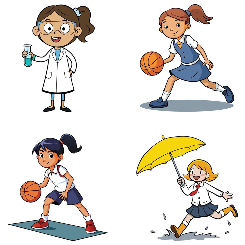 Four cartoon girls playing basketball vector