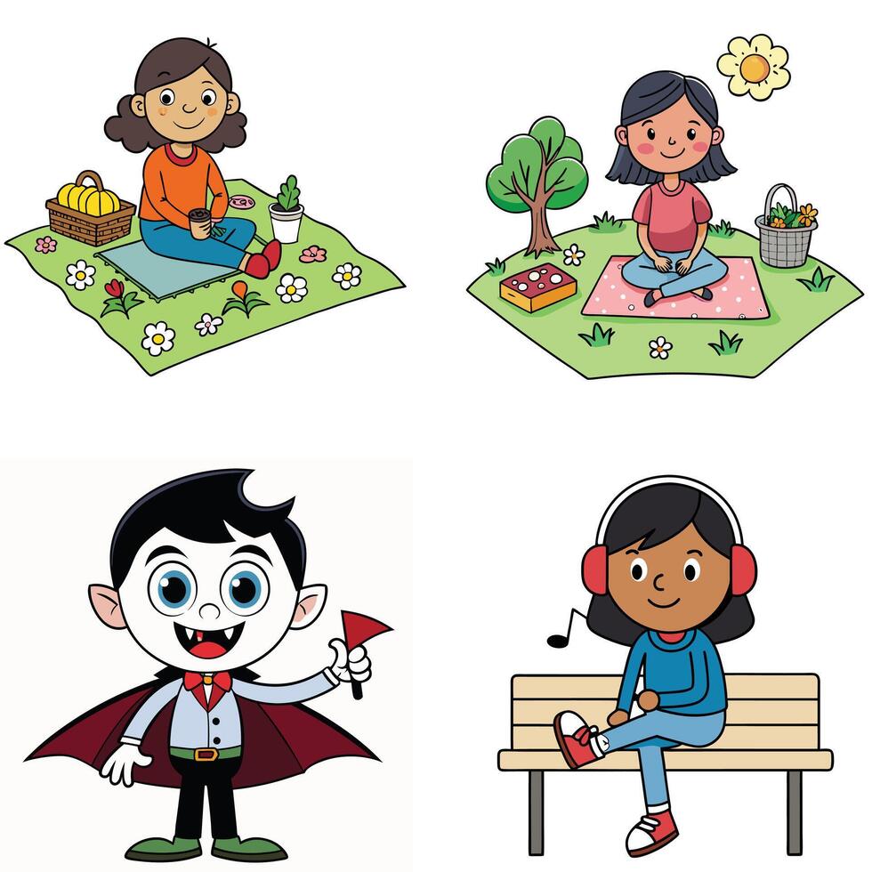 Four children are sitting on a bench and playing in the park vector
