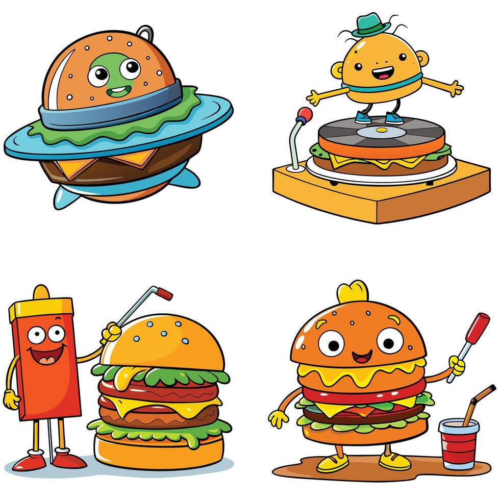 Cartoon burger and juice pot friendship vector