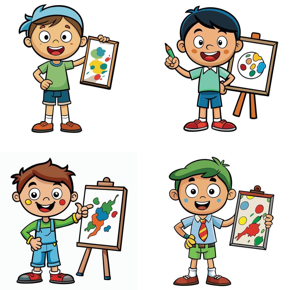 Cartoon boy holding easel and painting supplies vector