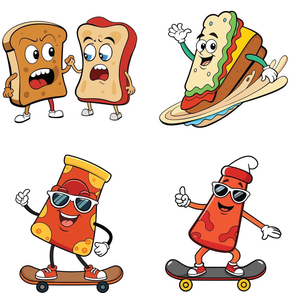 Set of cute cartoon type burger lotus leaf and toast with a many more character for restaurant post and sticker design source art illustration vector