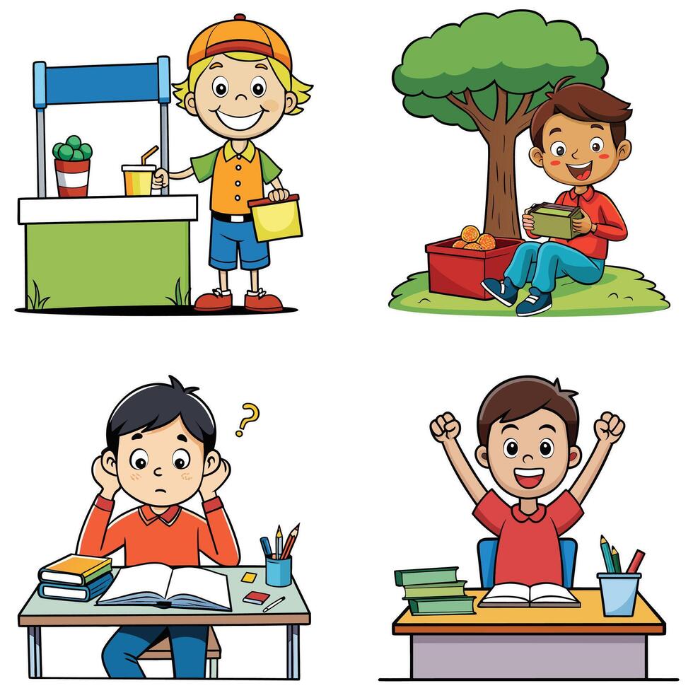 Four children at desks with books and pencils vector