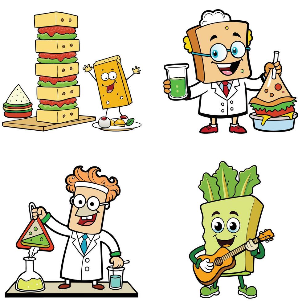 A doctor burger lab with a huge building type burger set ad lotus leaf playing guitar restaurant post and sticker creation design art illustration vector