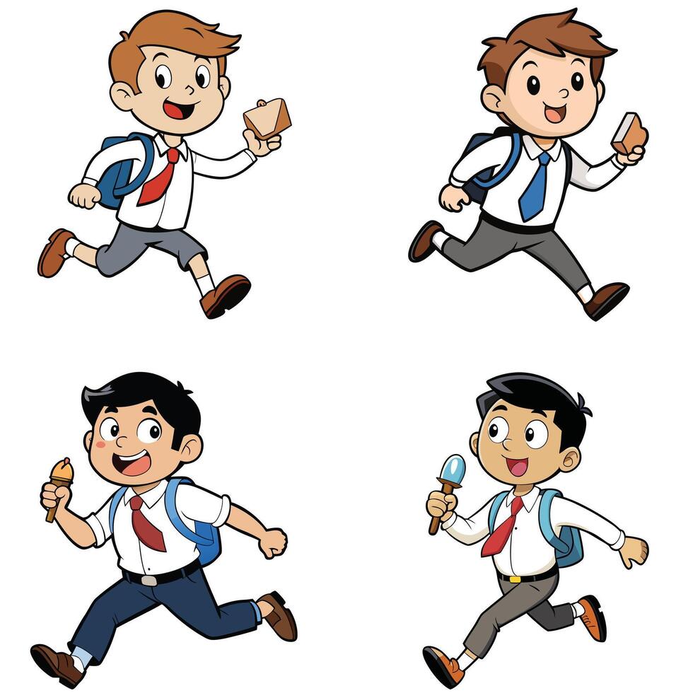 A school boy eating ice cream and running fast for reaching in classroom art illustration vector