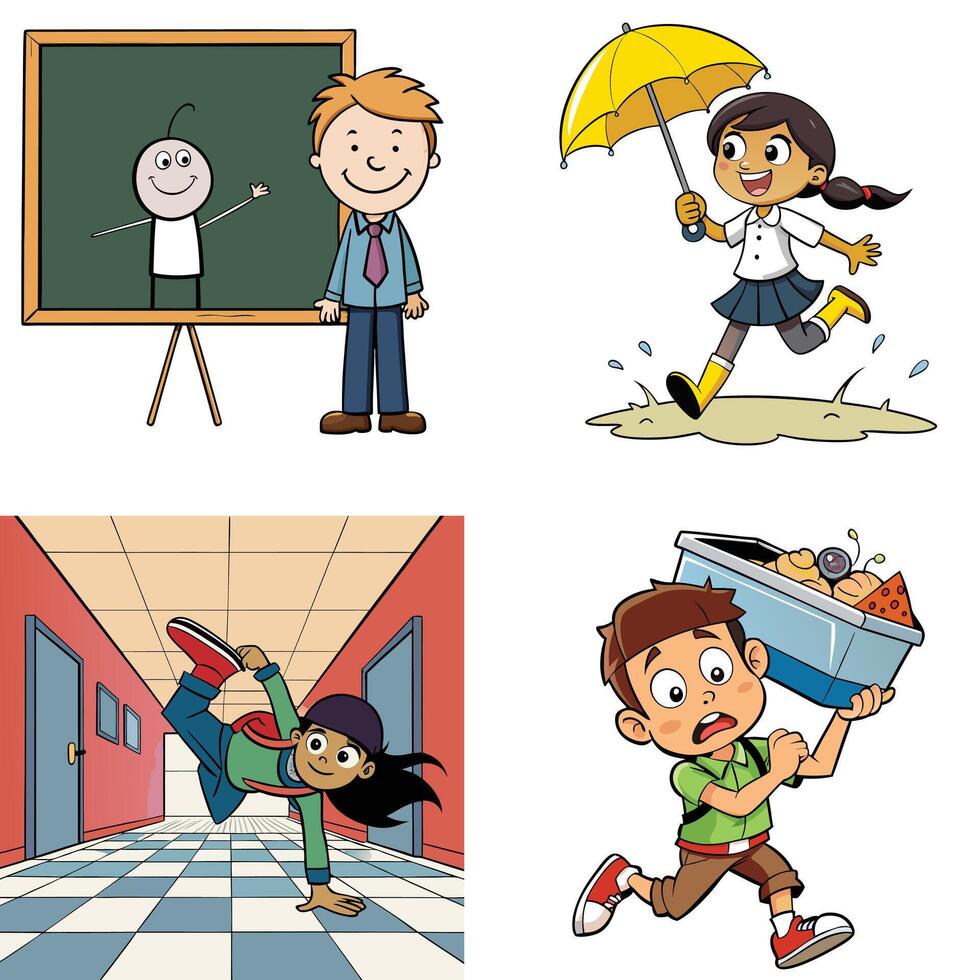 Four different cartoon images of children and teachers vector
