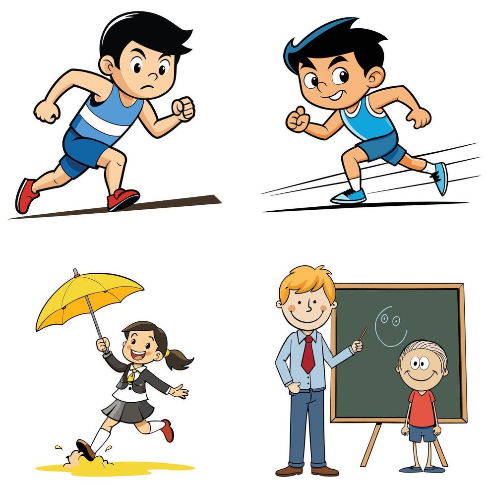 Four cartoon children running and playing sports vector