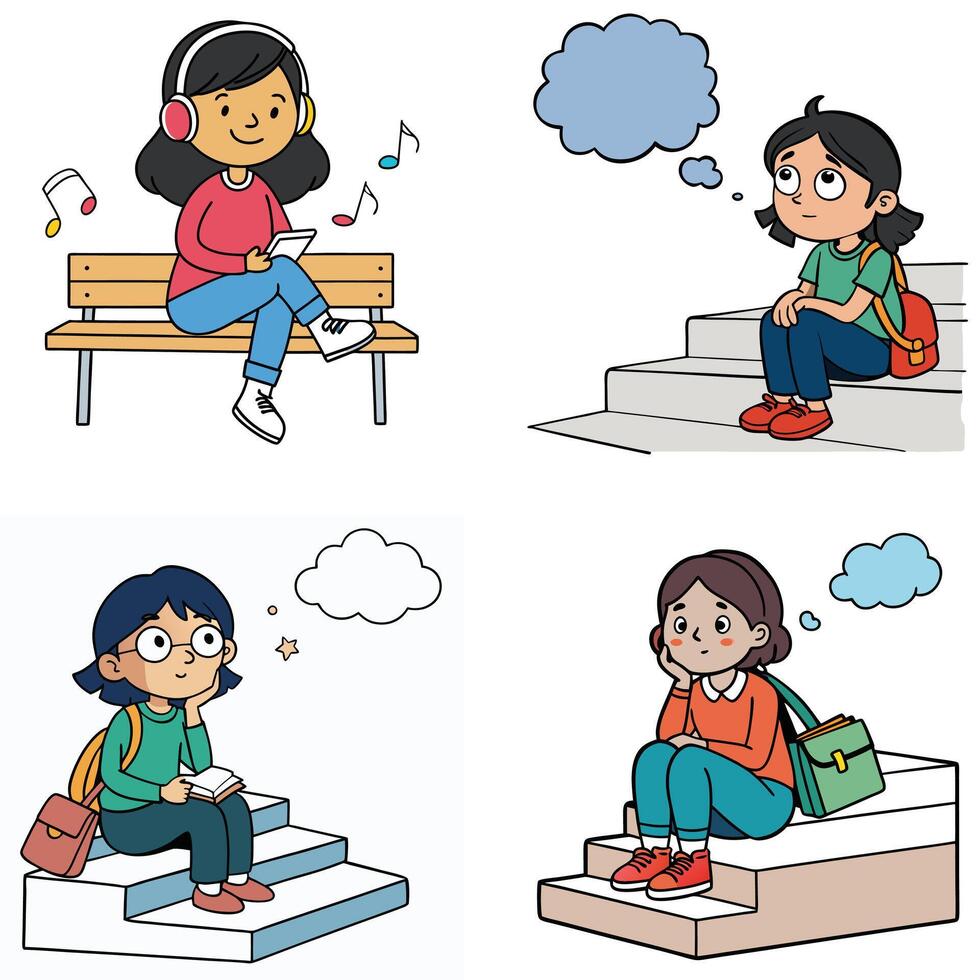 Four different images of people sitting on steps and thinking vector