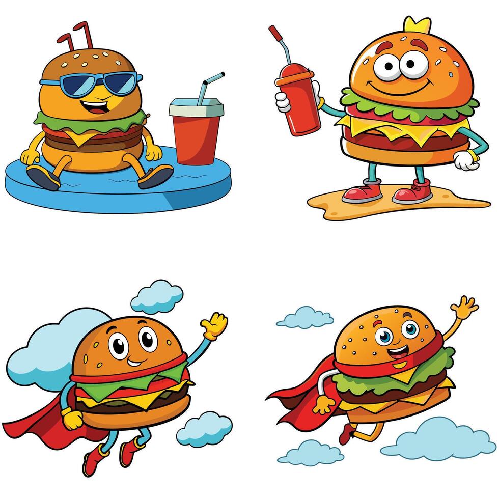 Smart cartoon burger holding juice pot by wearing sunglass and flying in the sky vector