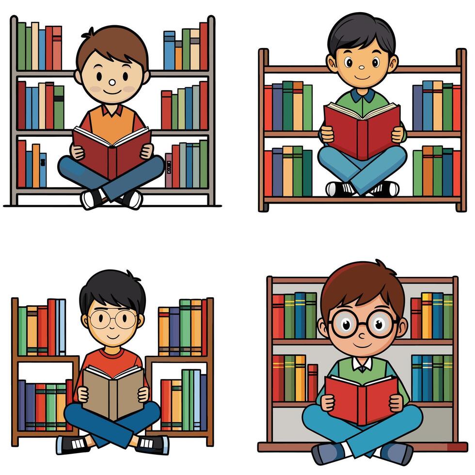A polite school boy reading attentively in his school library vector
