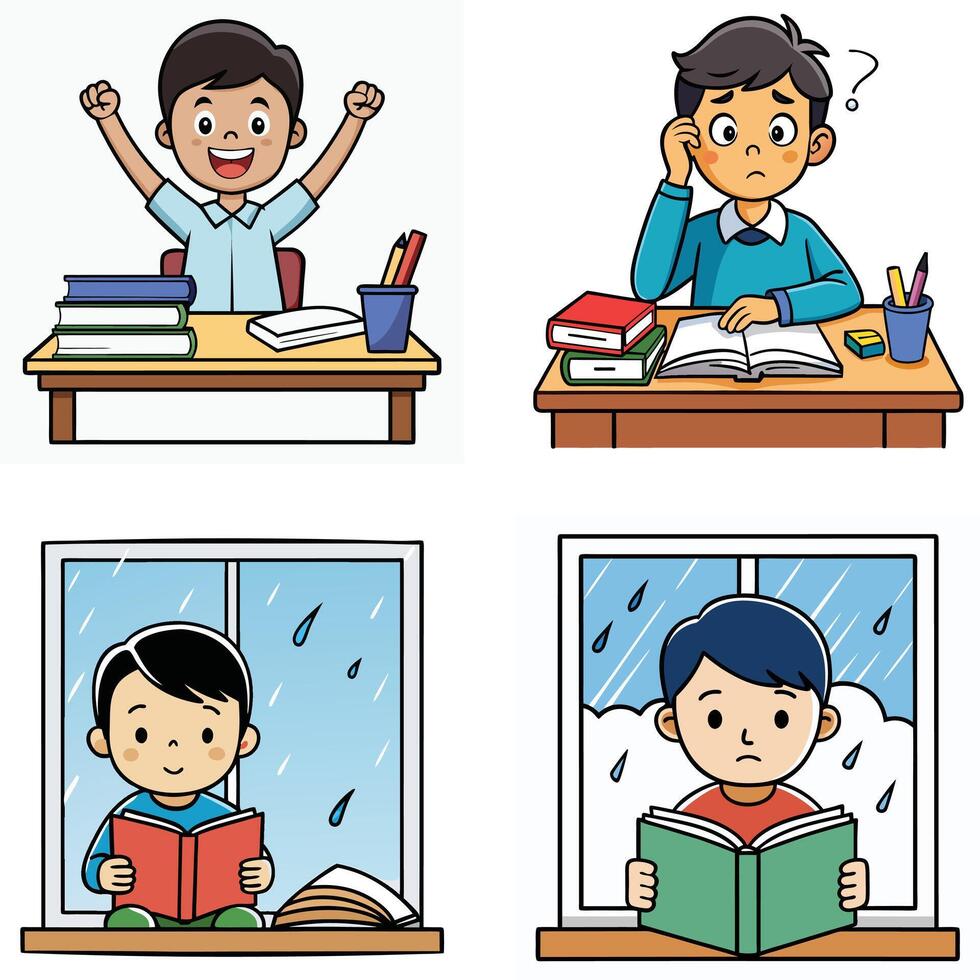 Four different images of children reading books vector