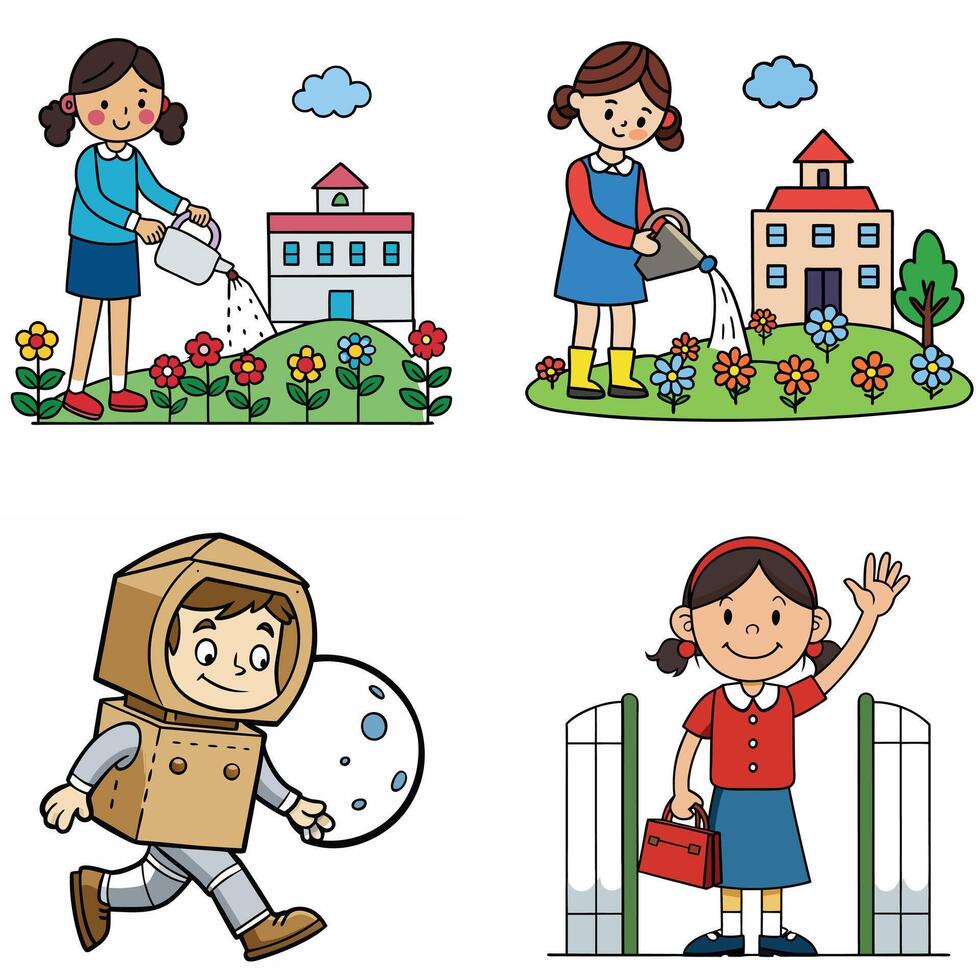 Four cartoon children playing in the garden vector