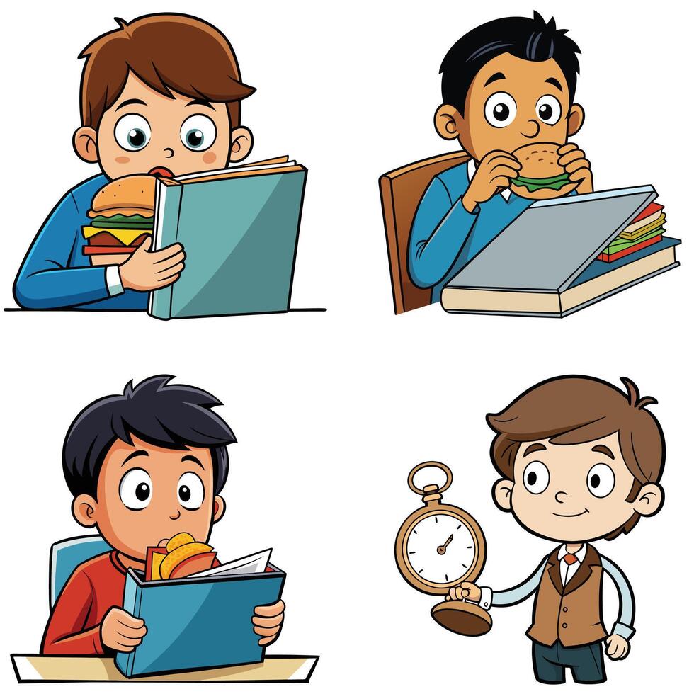A school boy and girl eating chocolate and burger hiding from others art illustration vector