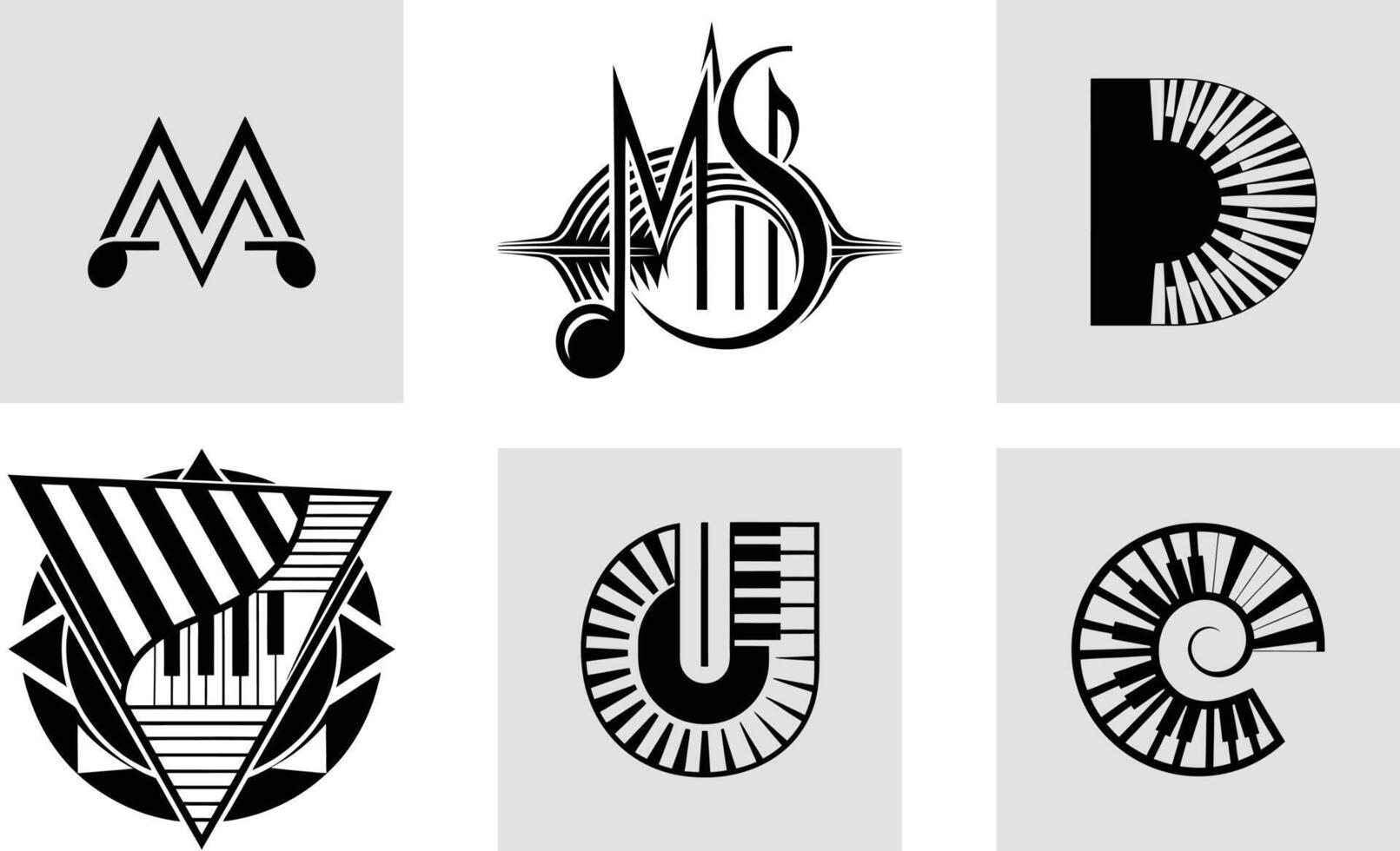 creative music logo adjusting with piano keyboard variation and M letter art illustration vector