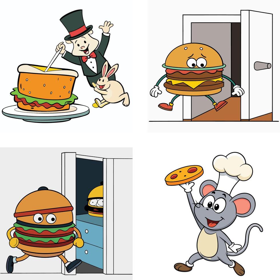 Set of cartoon type burger running out and in from the restaurant door with a many more character for restaurant post and sticker design source art illustration vector