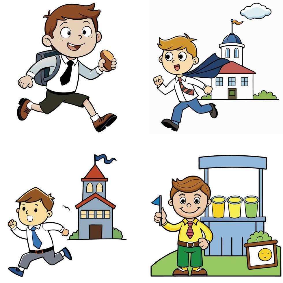 A school boy eating ice cream and running fast for reaching in school dress art illustration vector