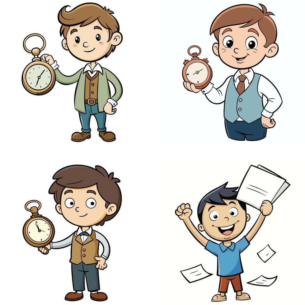 A school boy wearing school dress and holding an alarm clock in his hand for his correct school time maintain vector
