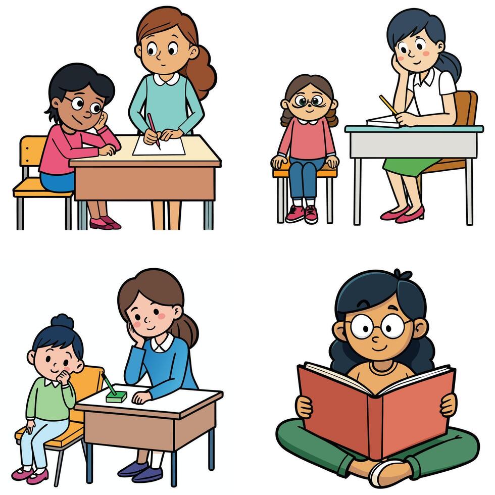 Four cartoon images of children and adults in the classroom vector