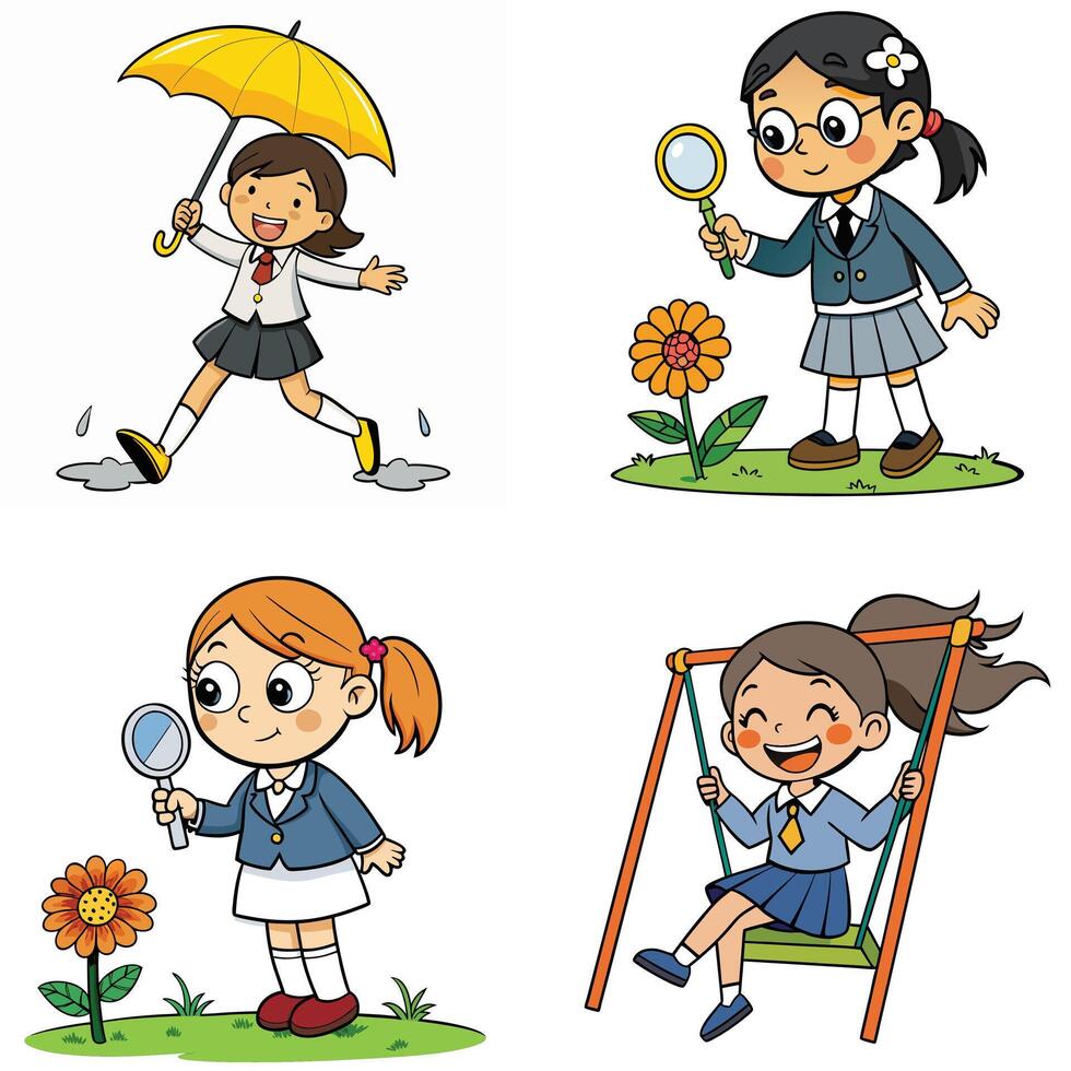 Four cartoon girls in school uniforms with umbrella and flowers vector
