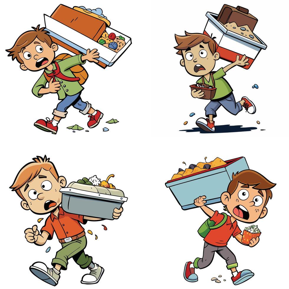 Cartoon boy carrying a box of food and a bag of food vector