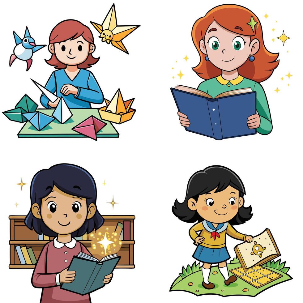 Four cartoon girls reading books and playing with origami vector